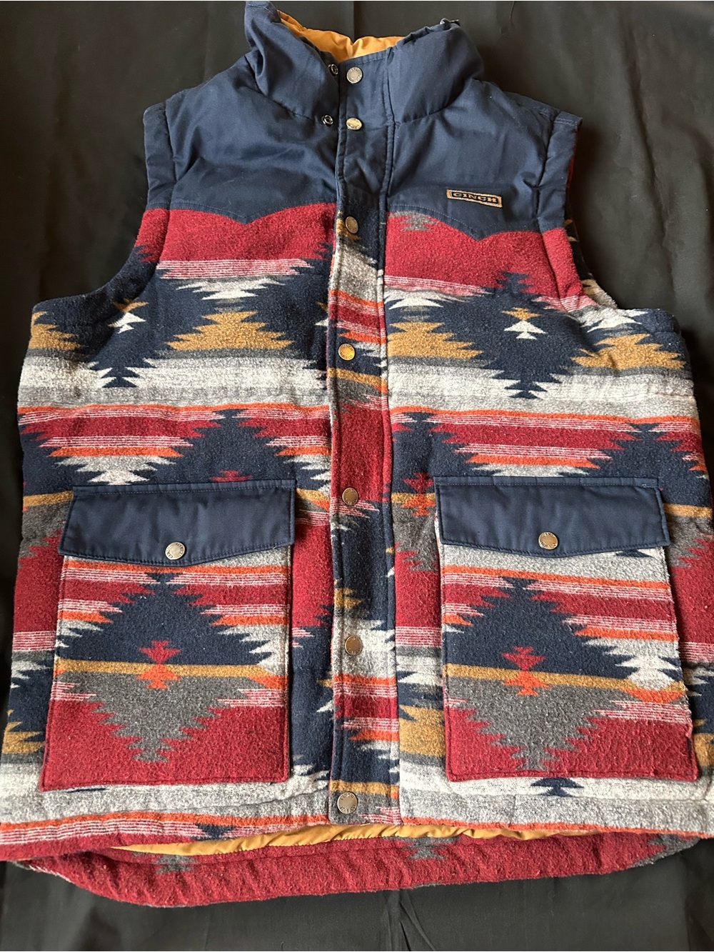 Mens Navajo-Print Puffer Vest - Navy & Red